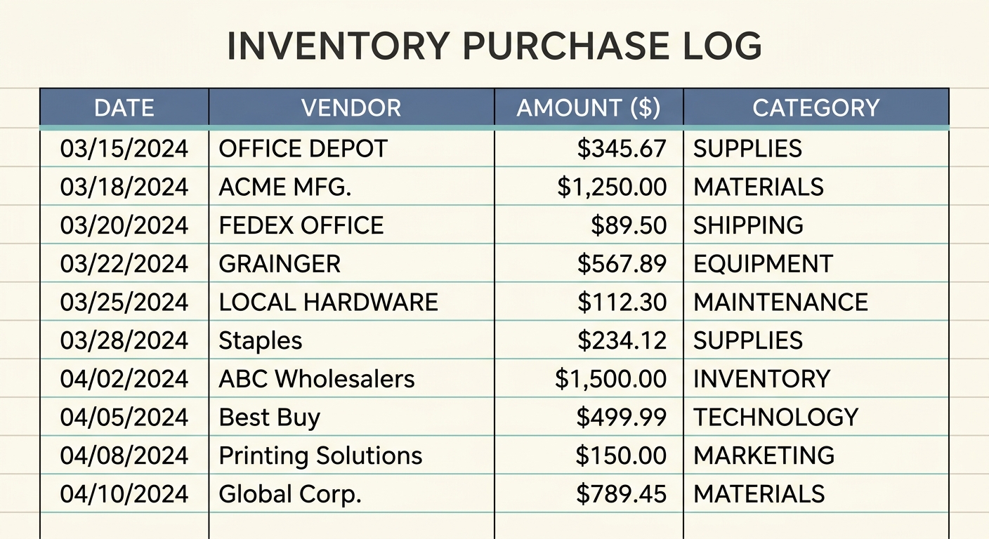 Inventory Purchase Log Template
